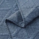 SHALALA NEW YORK Cotton Blend Voile Quilt Set (3 Piece) - Ultra Soft - Pre-Washed Geometric Coverlet Set – 1 Lightweight Reversible Bedspread 2 Quilted Shams for All Season (Navy Blue)